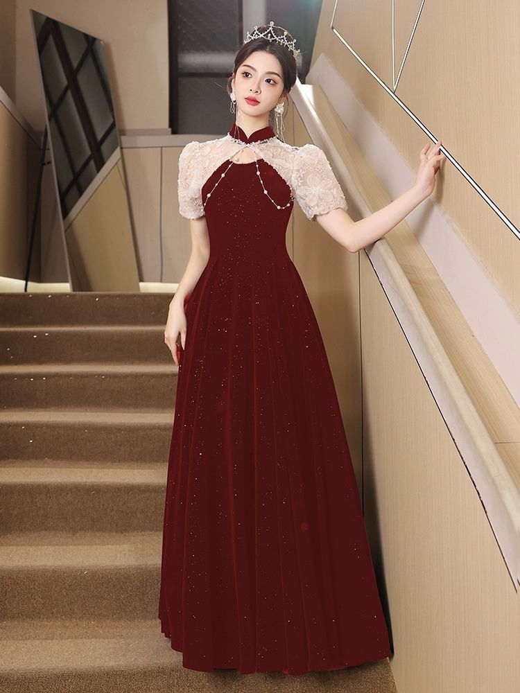 Embroidered Evening Neck Puff-Sleeve Glitter Tone Two Flower A-Line Gown Mock