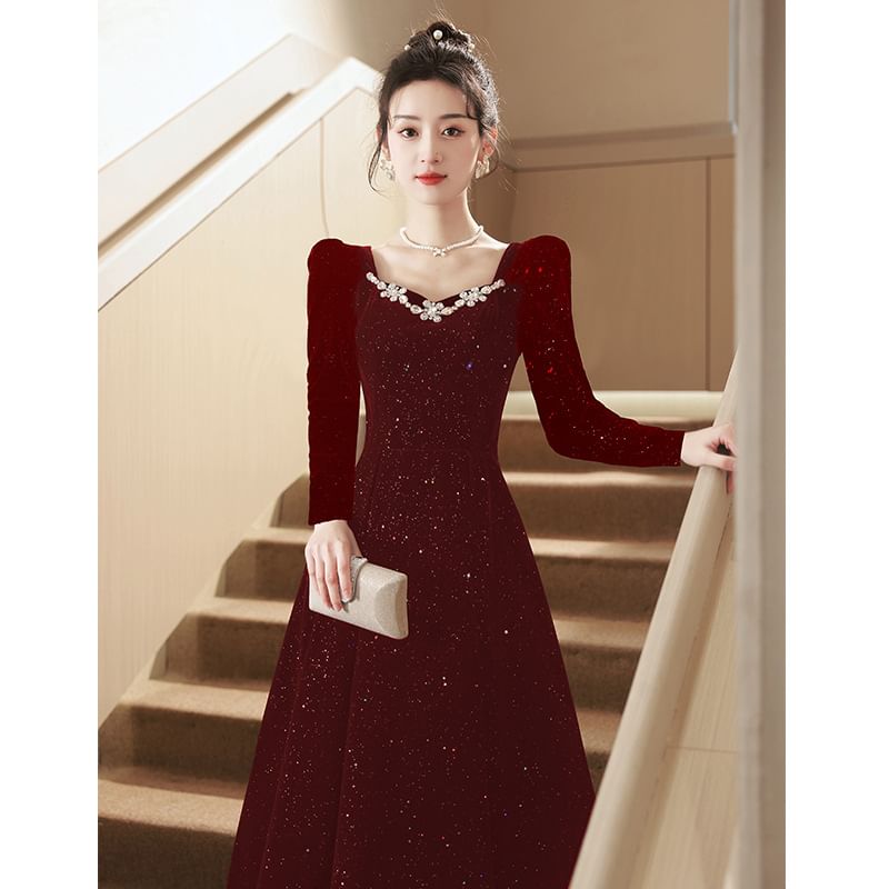 Evening Gown Rhinestone Puff-Sleeve A-Line Sequin