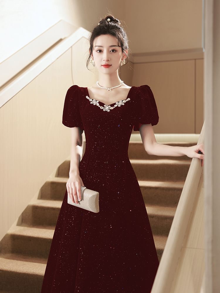 Evening Gown Rhinestone Puff-Sleeve A-Line Sequin