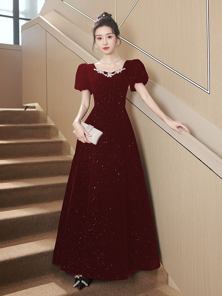 Evening Gown Rhinestone Puff-Sleeve A-Line Sequin