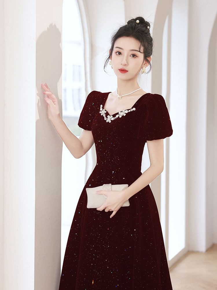 Evening Gown Rhinestone Puff-Sleeve A-Line Sequin