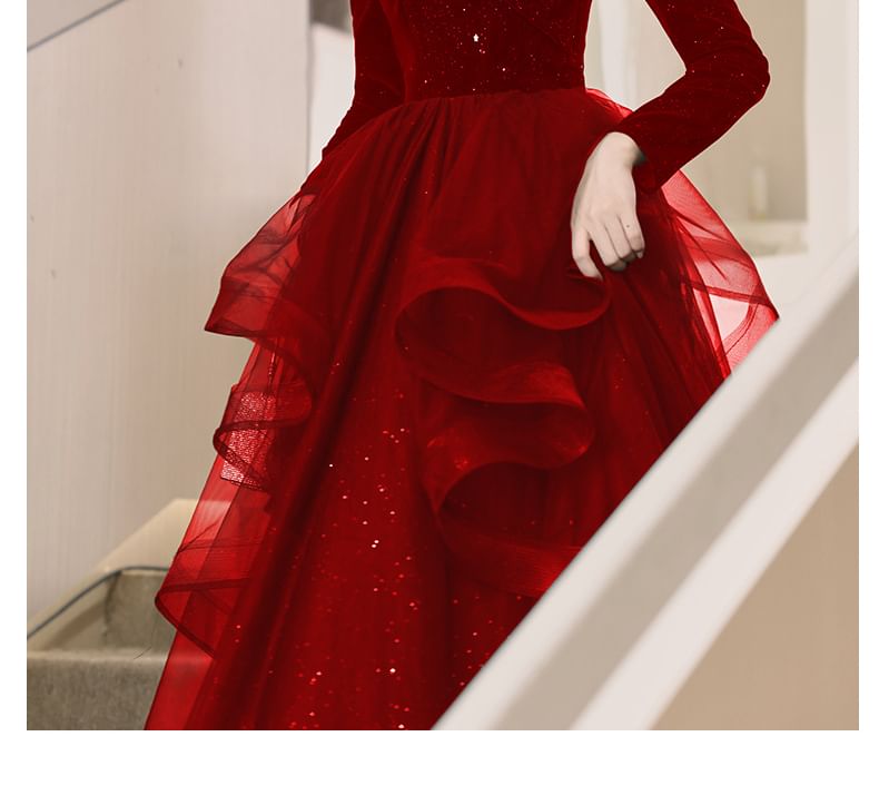 Sequin Ruffle A-Line Evening Gown