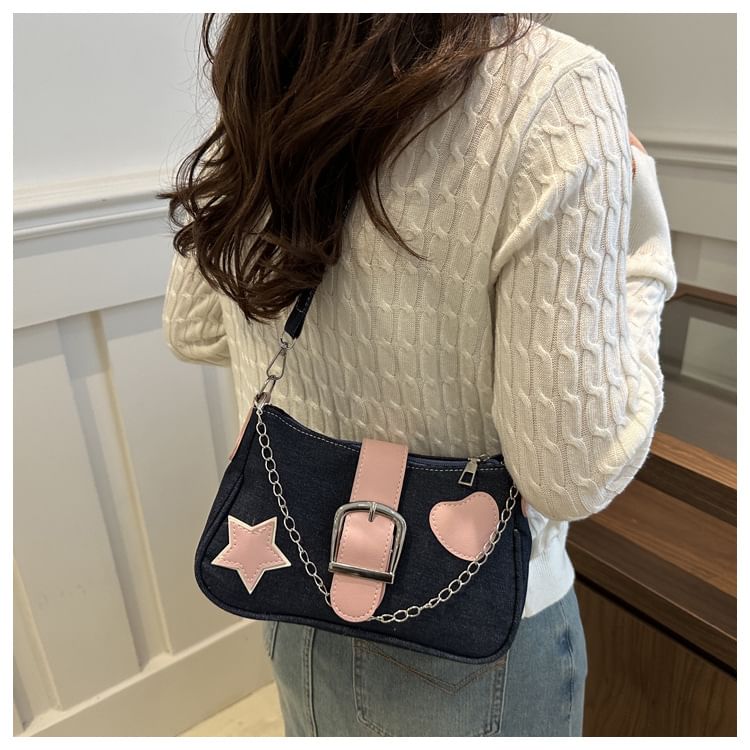 Applique Chained Buckled Denim Crossbody Bag