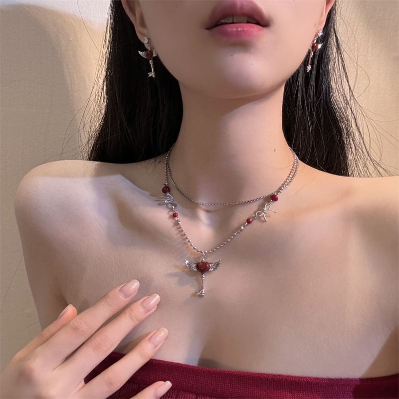 Heart Earring Key Drop / Necklace Wing Layered