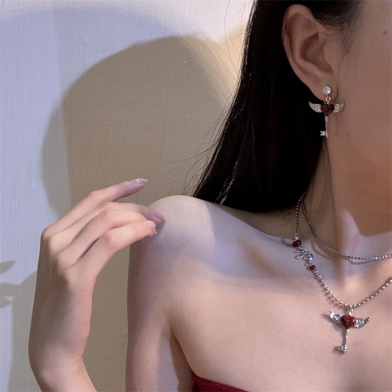 Heart Earring Key Drop / Necklace Wing Layered