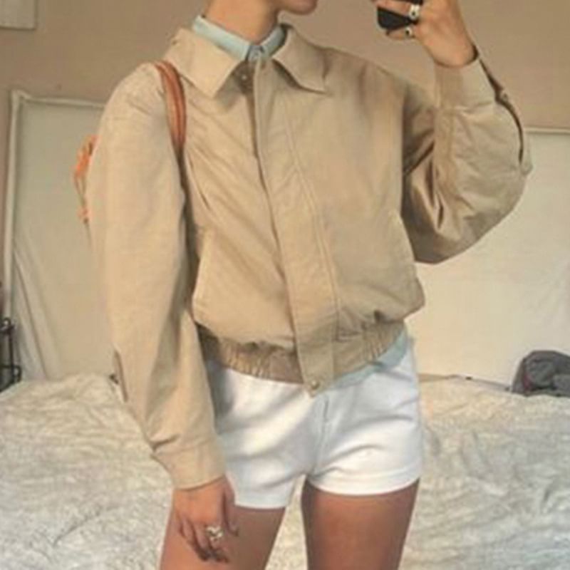 Up Jacket Zip Plain Cropped Collared