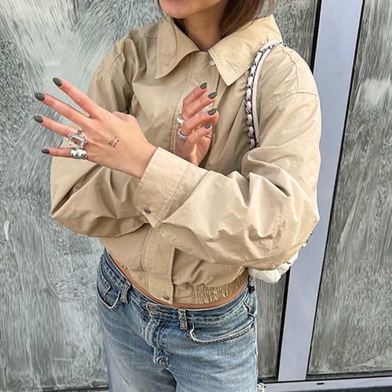 Up Jacket Zip Plain Cropped Collared