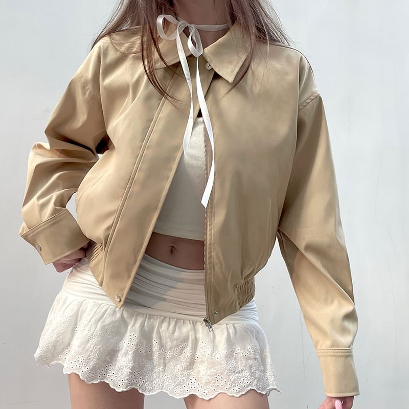 Up Jacket Zip Plain Cropped Collared