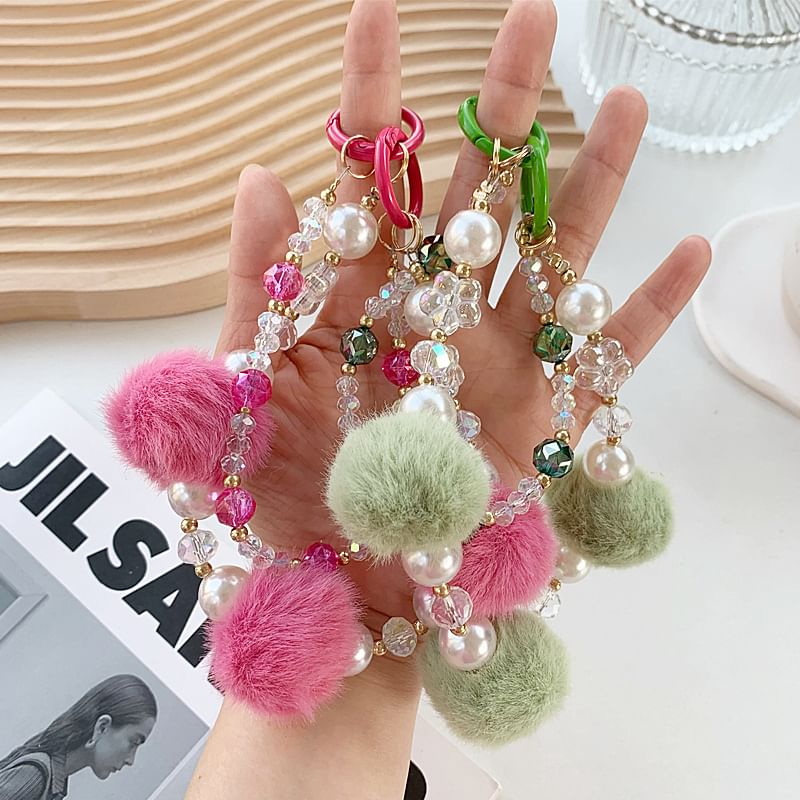 Layered Faux Pom Strap Phone Pearl