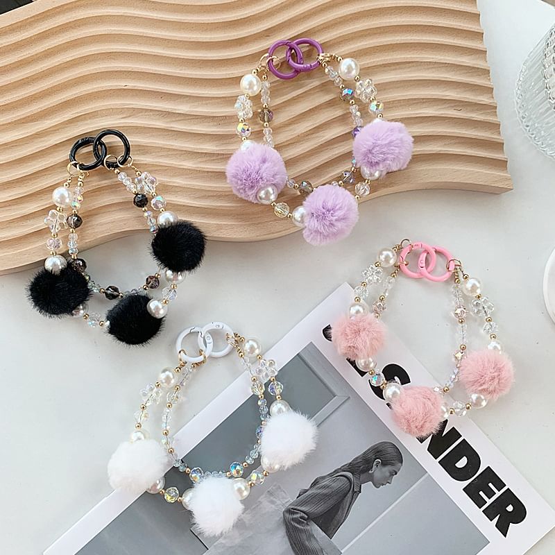 Layered Faux Pom Strap Phone Pearl