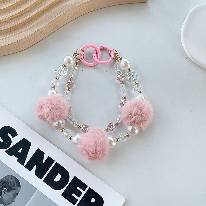 Layered Faux Pom Strap Phone Pearl