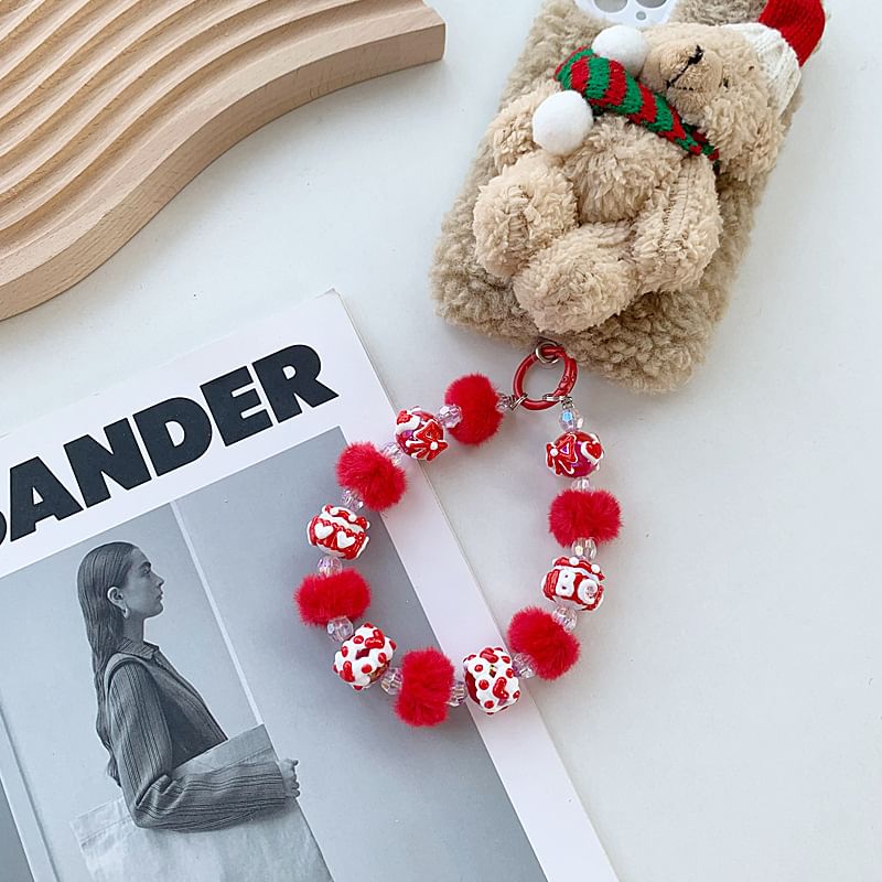 Heart Phone Pom Strap Bead