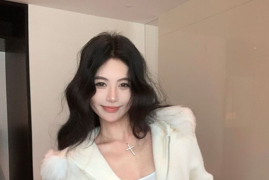 Drawstring Trim Skirt Pencil / Zip-Up Fluffy Hoodie Waist Knit Mini Plain