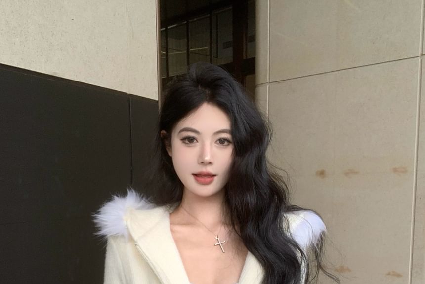 Drawstring Trim Skirt Pencil / Zip-Up Fluffy Hoodie Waist Knit Mini Plain