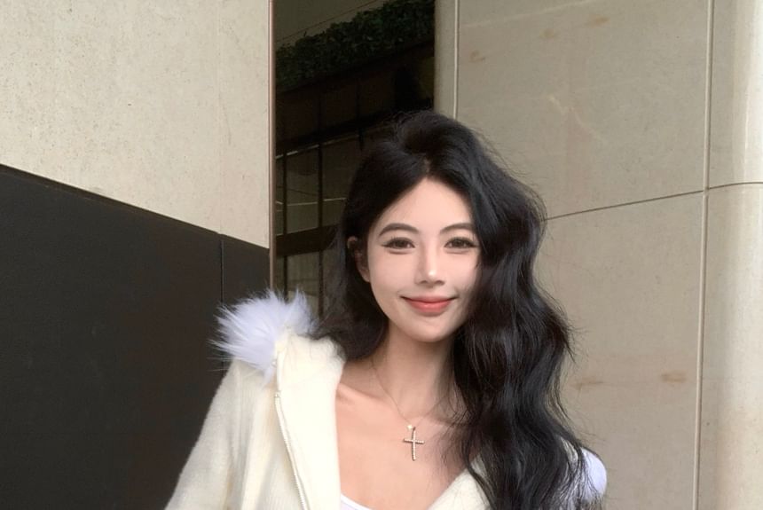 Drawstring Trim Skirt Pencil / Zip-Up Fluffy Hoodie Waist Knit Mini Plain