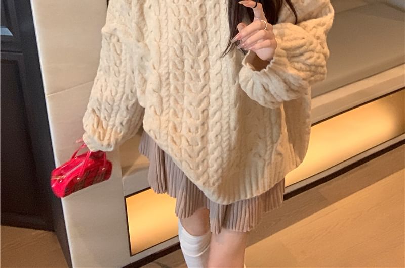 Round Neck Plain Cable Knit Sweater / High Rise Mini A-Line Skirt