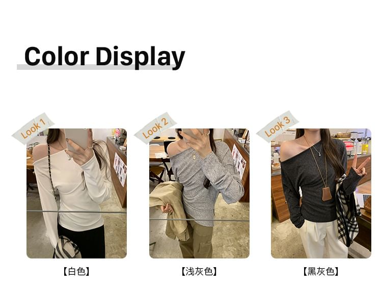 Long-Sleeve Off-Shoulder Plain Slit Slim Fit Tee