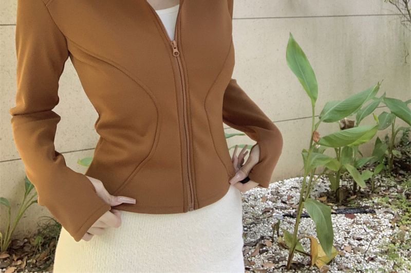 Stand Collar Plain Zip-Up Crop Jacket