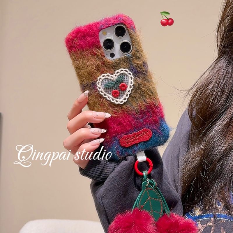 Heart Cherry Embroidered Chenille Phone Case / Charm / Set - iPhone 16 Pro Max / 16 Pro / 16 Plus / 16 / 15 Pro Max / 15 Pro / 15 Plus / 15 / 14 Pro Max / 14 Pro / 14 Plus / 14 / 13 Pro Max / 13 Pro / 13 / 13 Mini