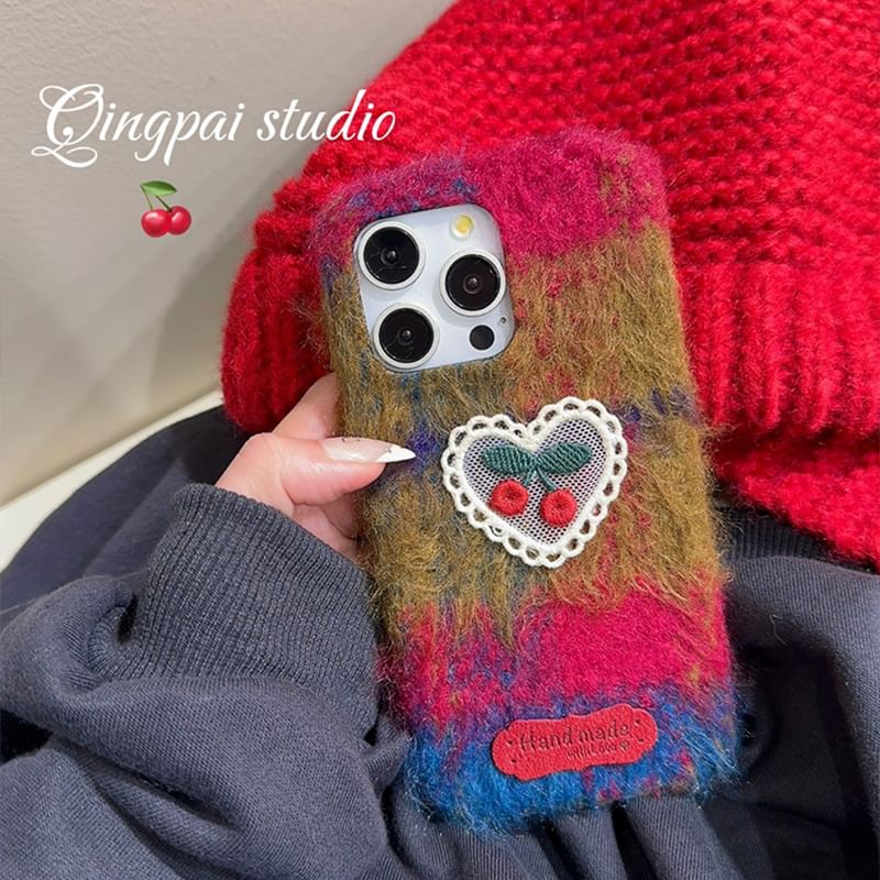 Heart Cherry Embroidered Chenille Phone Case / Charm / Set - iPhone 16 Pro Max / 16 Pro / 16 Plus / 16 / 15 Pro Max / 15 Pro / 15 Plus / 15 / 14 Pro Max / 14 Pro / 14 Plus / 14 / 13 Pro Max / 13 Pro / 13 / 13 Mini