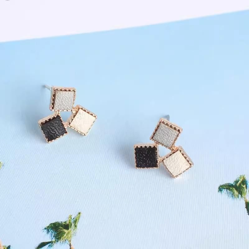 Square Alloy Earring Stud Faux Leather