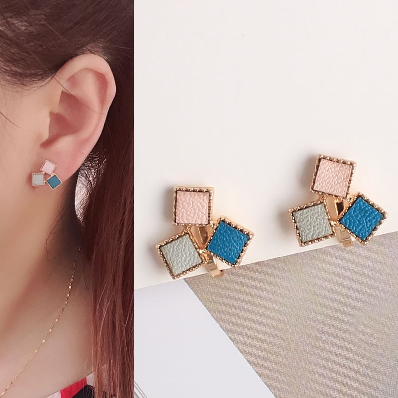 Square Alloy Earring Stud Faux Leather