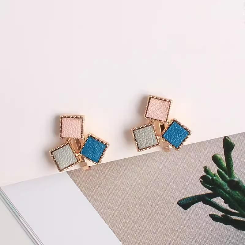 Square Alloy Earring Stud Faux Leather