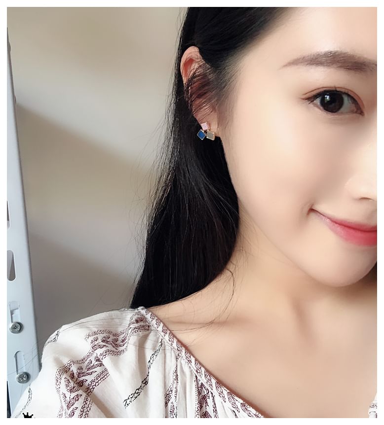 Square Alloy Earring Stud Faux Leather