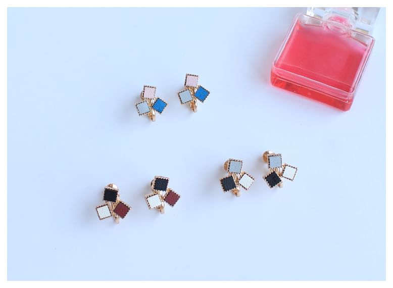 Square Alloy Earring Stud Faux Leather