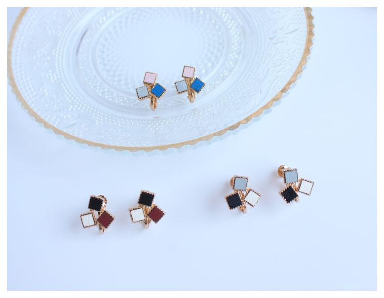 Square Alloy Earring Stud Faux Leather