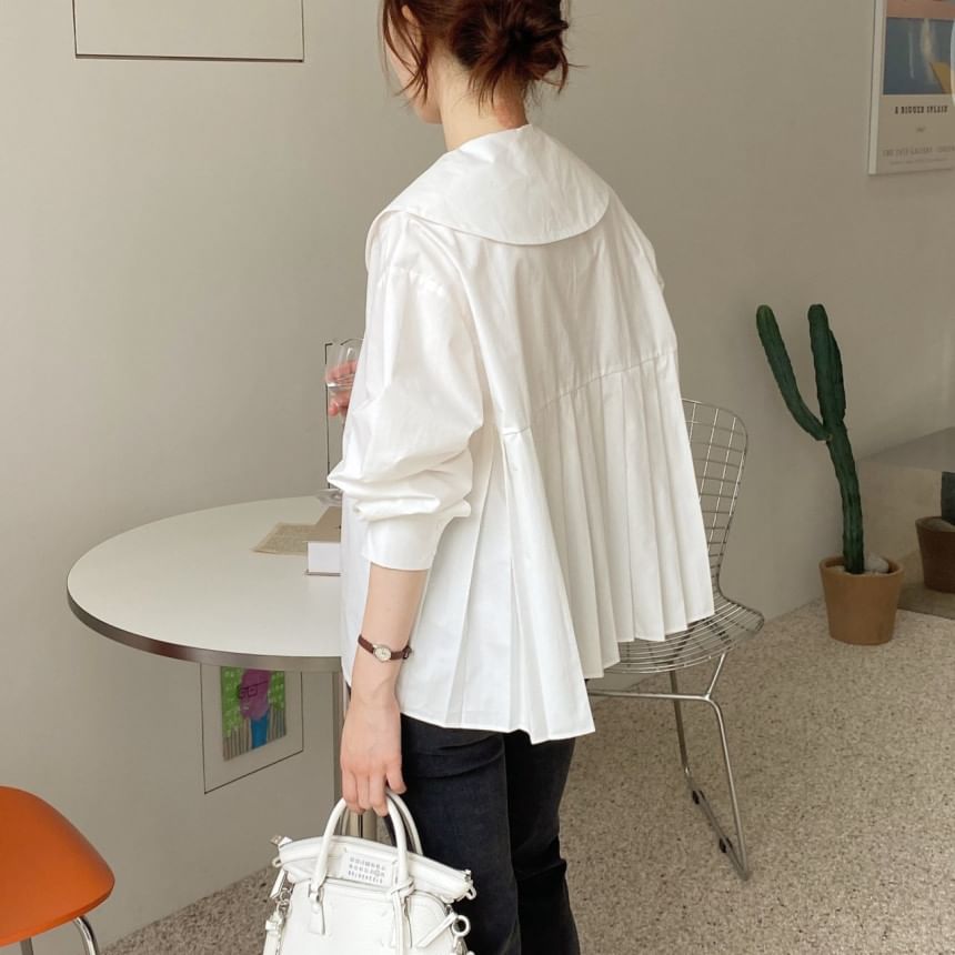 Long-Sleeve Button-Up Plain Babydoll Blouse