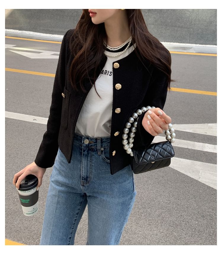 Button-Up Plain Crop Jacket