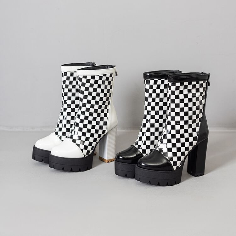 Heel Checkerboard Short Boots Block