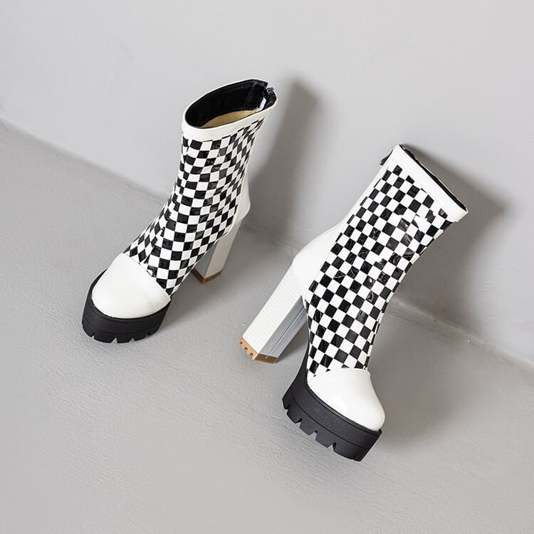 Heel Checkerboard Short Boots Block