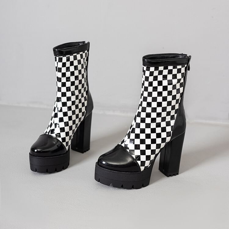 Heel Checkerboard Short Boots Block