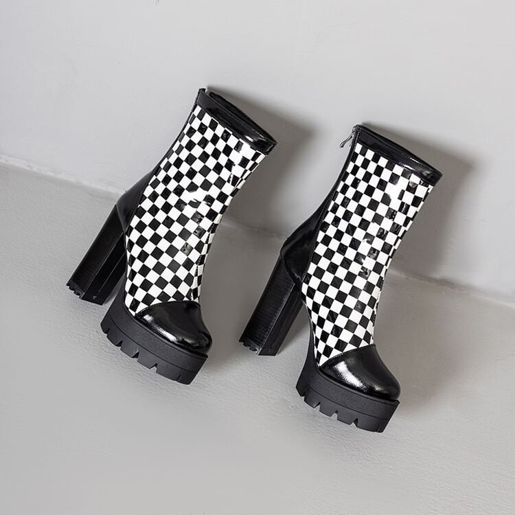 Heel Checkerboard Short Boots Block