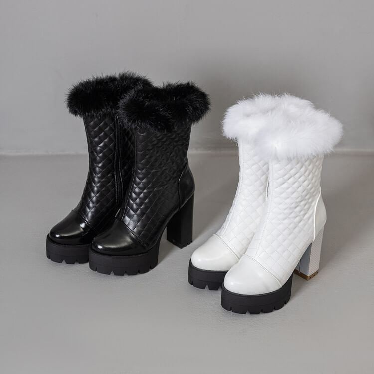 Short Block Trim Quilted Heel Furry Boots