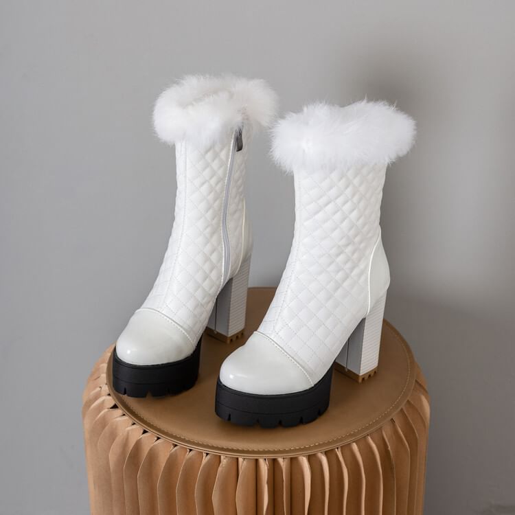 Short Block Trim Quilted Heel Furry Boots