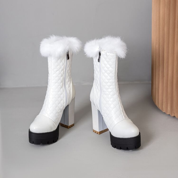 Short Block Trim Quilted Heel Furry Boots
