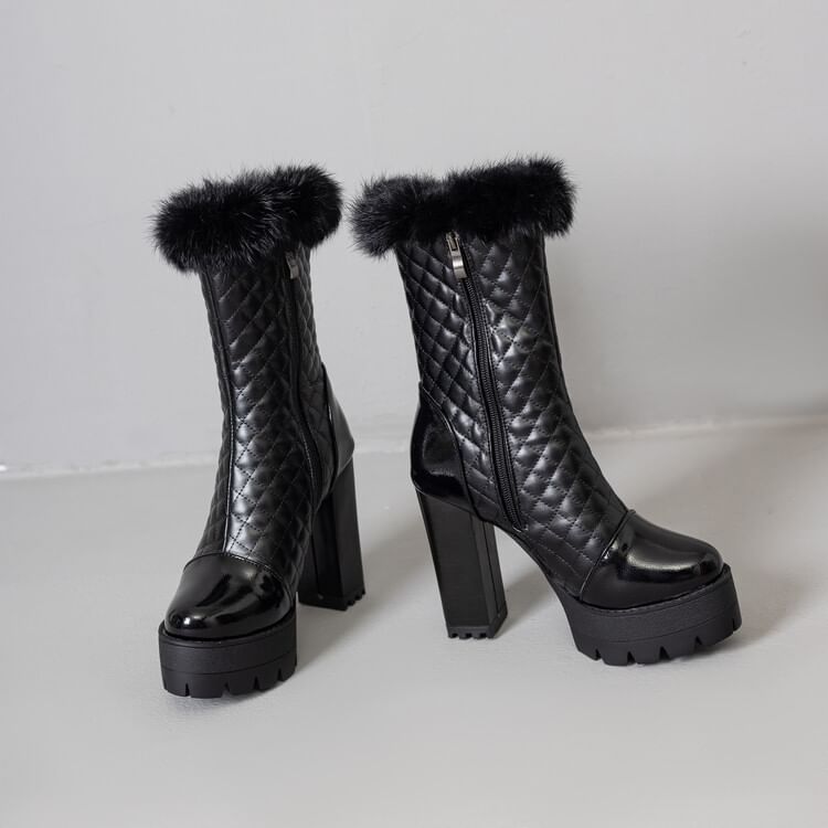 Short Block Trim Quilted Heel Furry Boots