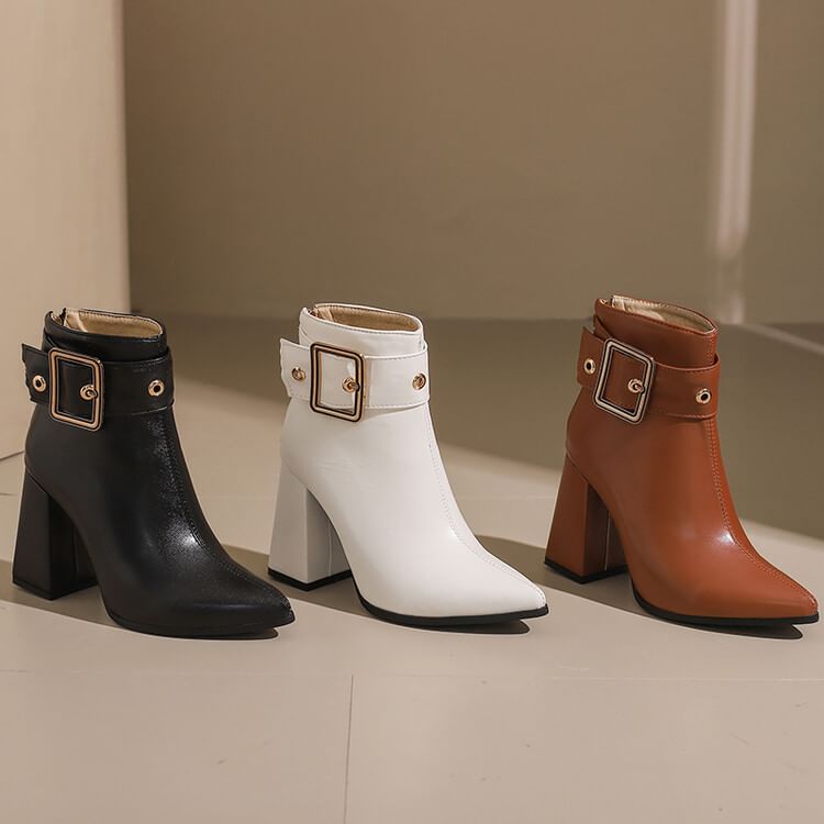 buckled Block Short Boots Heel Pointed