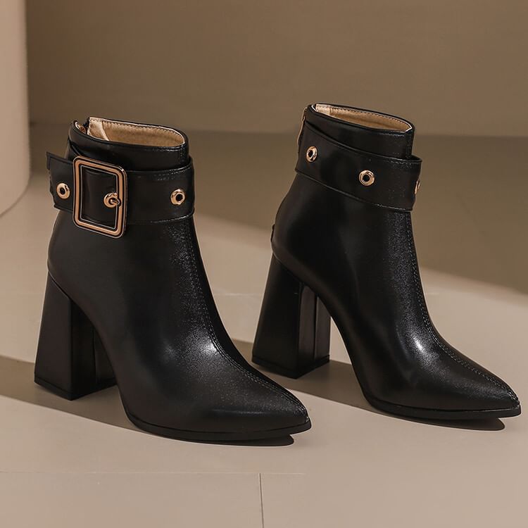 buckled Block Short Boots Heel Pointed