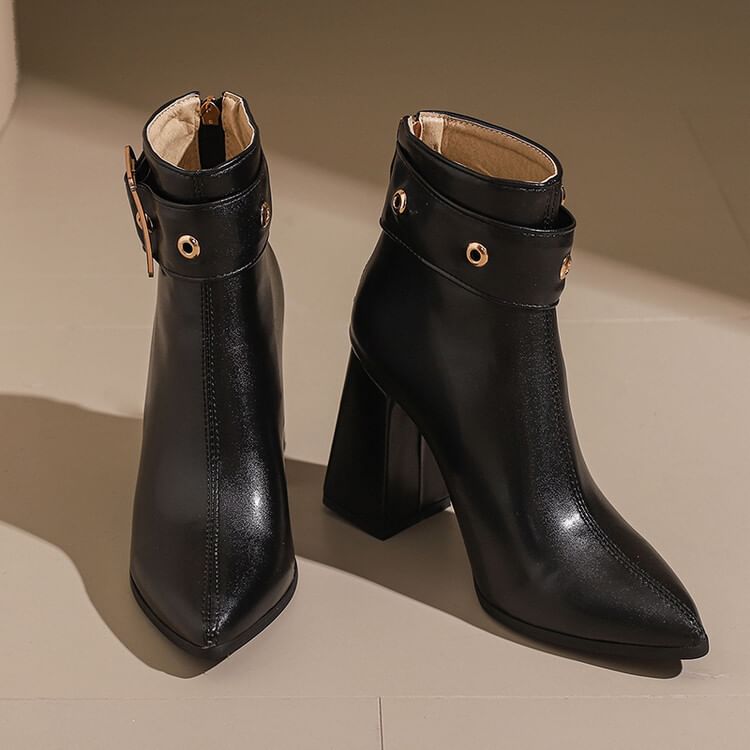 buckled Block Short Boots Heel Pointed