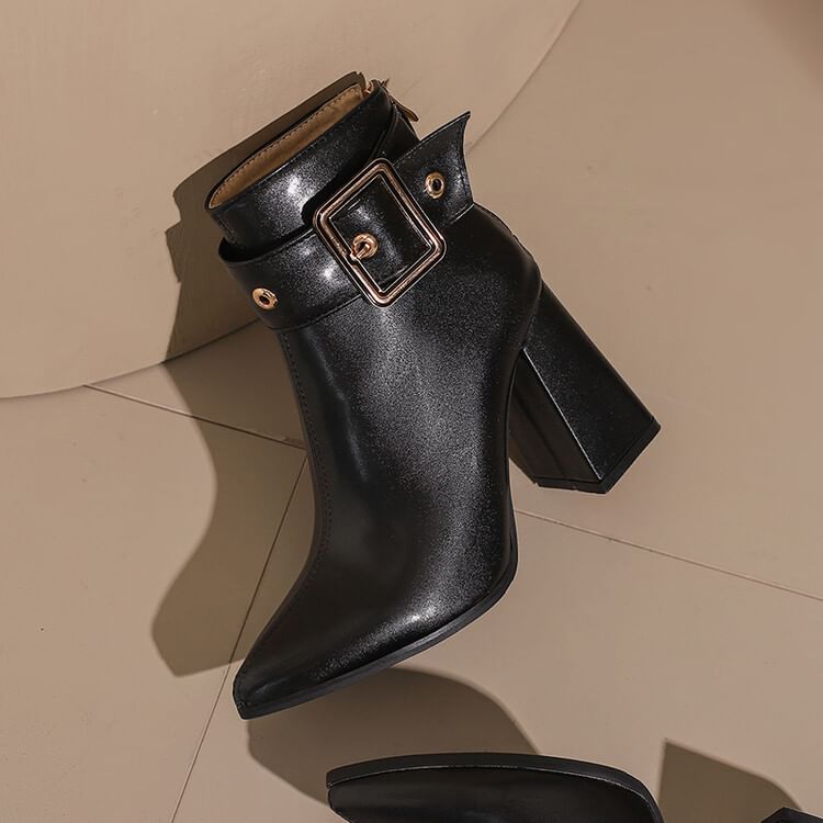 buckled Block Short Boots Heel Pointed