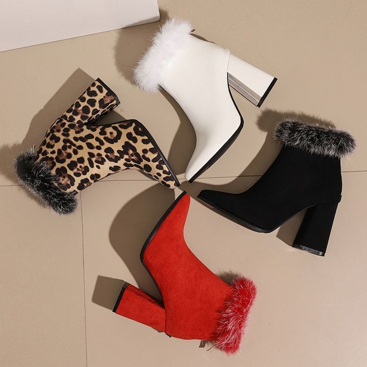 Heel Boots Block Leopard Trim Short Print Furry