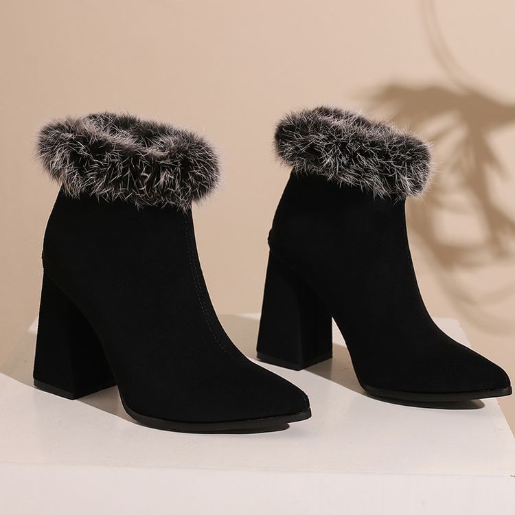 Heel Boots Block Leopard Trim Short Print Furry