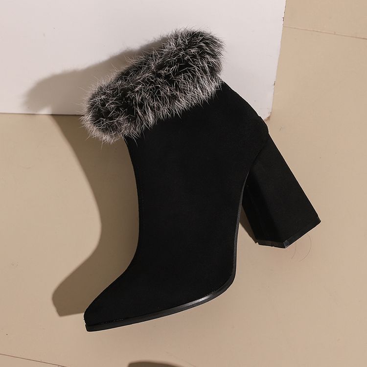 Heel Boots Block Leopard Trim Short Print Furry