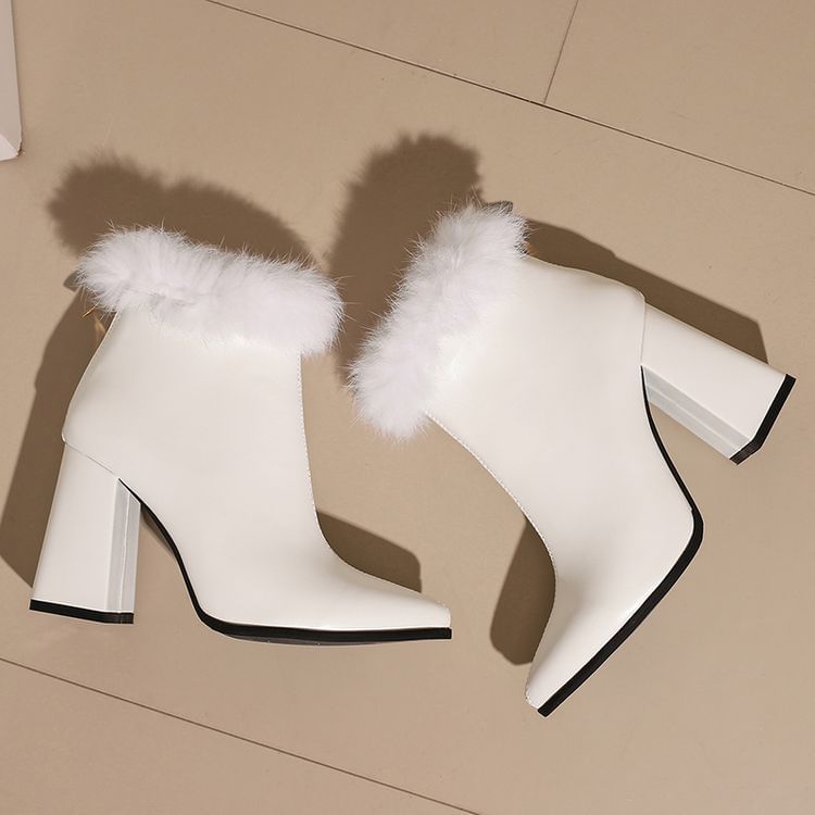 Heel Boots Block Leopard Trim Short Print Furry