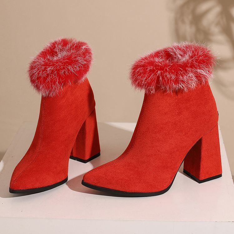 Heel Boots Block Leopard Trim Short Print Furry