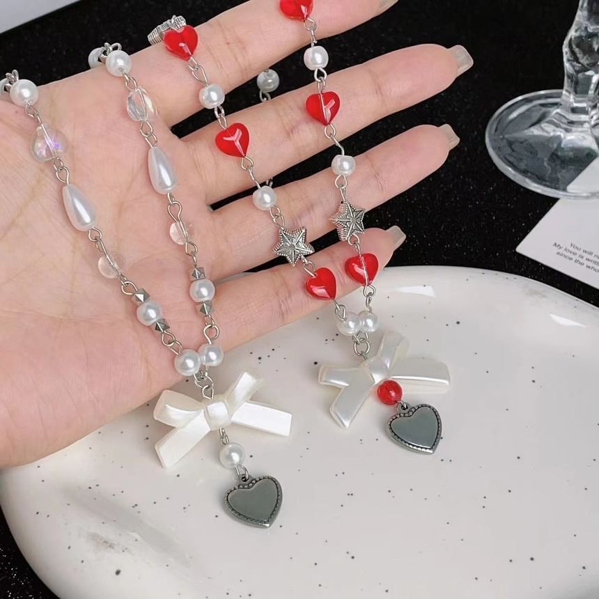 Bow Faux Pearl Heart Necklace
